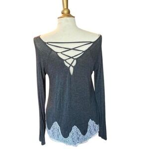 Gray Womens Y2k Whimsigoth Long Sleeve Lace Hem Top with Crisscross Back Sz M